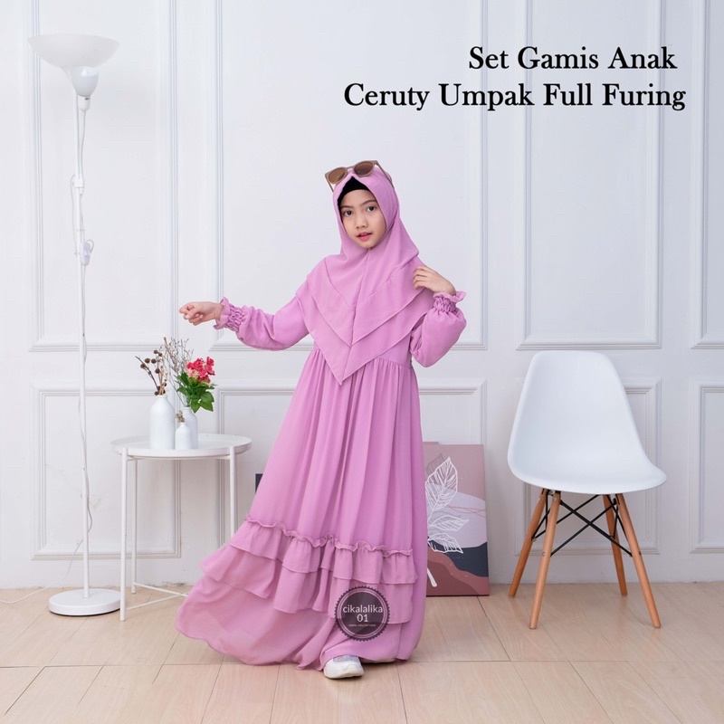 Gamis Anak perempuan Set Hijab Bahan Ceruty Babydoll polos