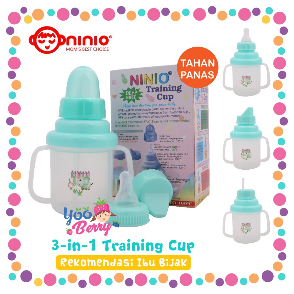 Ninio 3-in-1 Training Cup Gelas Minum Bayi Spout Straw Tahan Panas Berry Mart