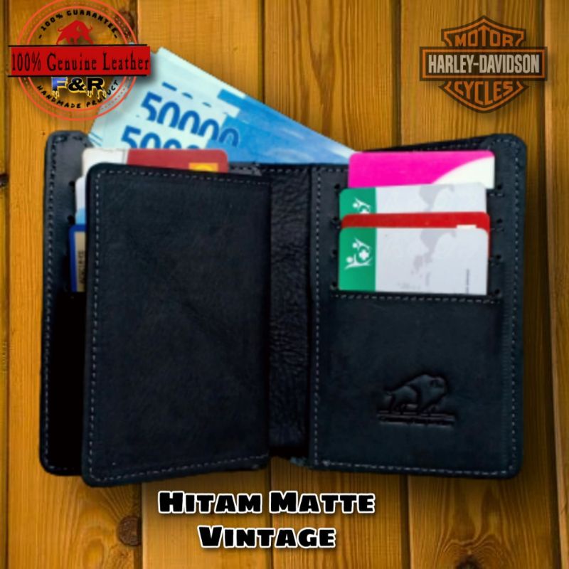 Dompet pria kulit asli Crazy Horse model Harley tebal lentur-Hitam