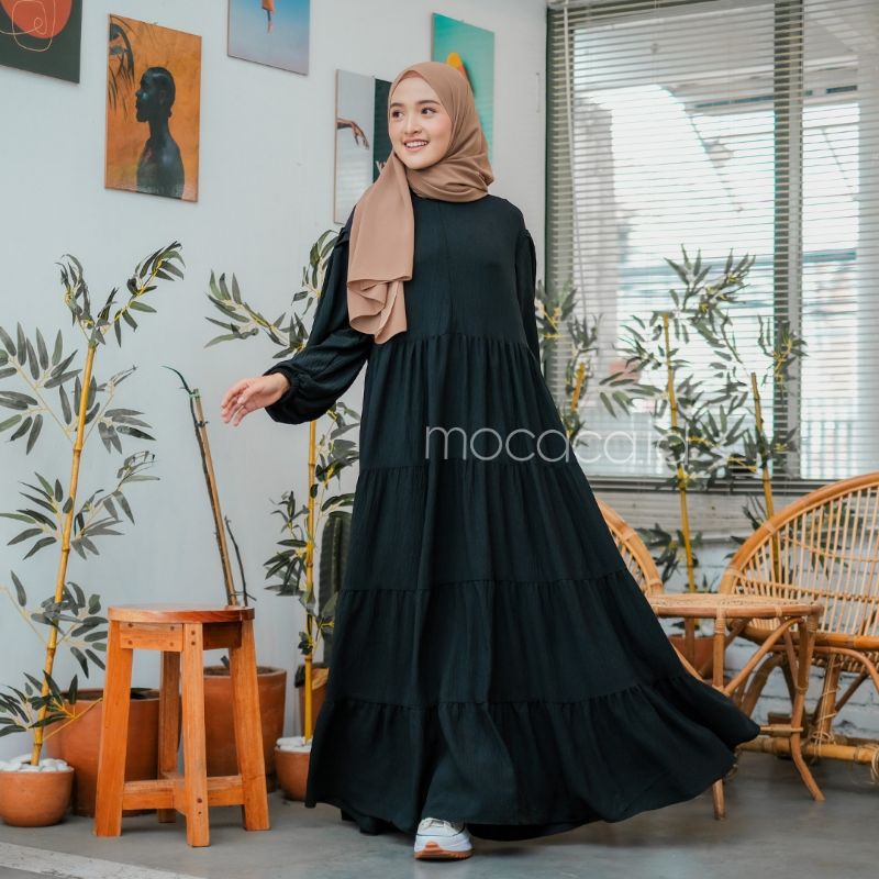 Dress gamis Mewah crincle premium busui 5 susun freesize kerah chiangi hitam putih tulang broken white