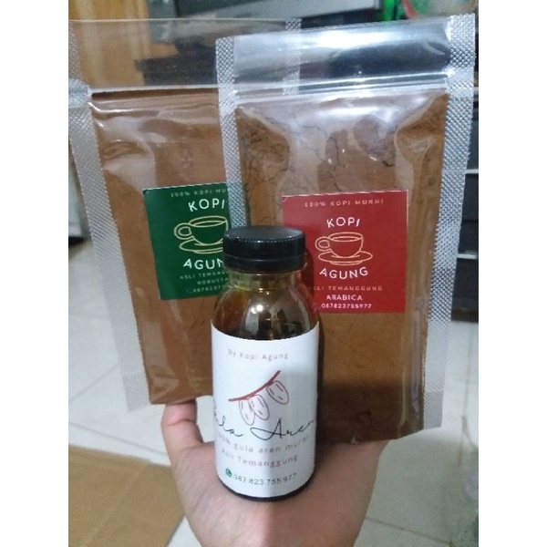

PAKET HEMAT arabica 100gr, robusta 100gr, gula aren cair 100ml
