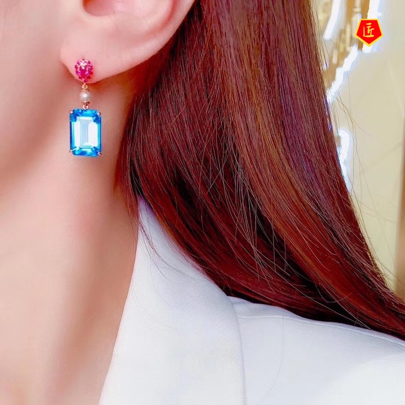 [Ready Stock]Fashion Inlaid Natural Topaz Blue Square Diamond Stud Earrings