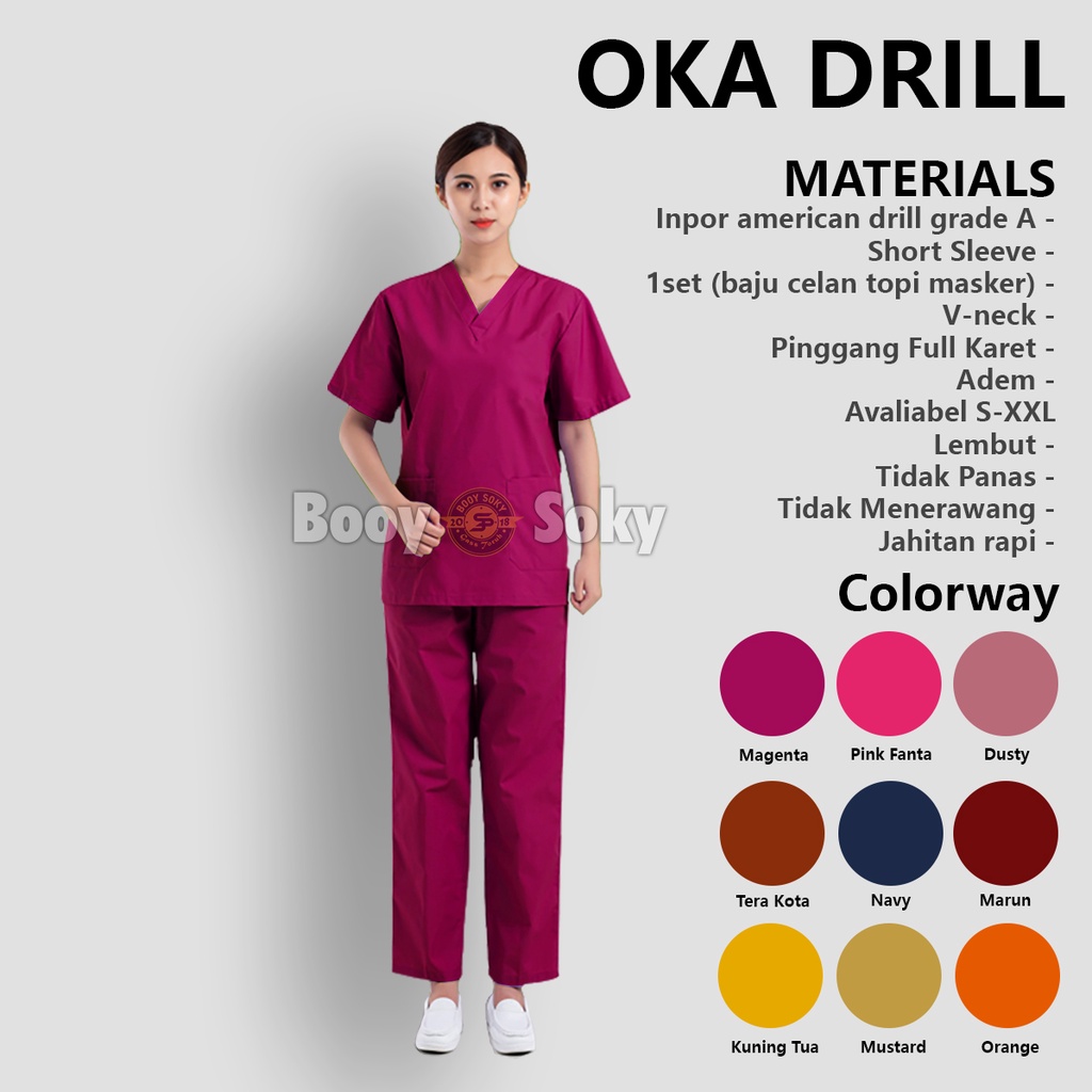 Baju oka lengan pendek, baju jaga lengan pendek, seragam medis, Scrub suits - Magenta