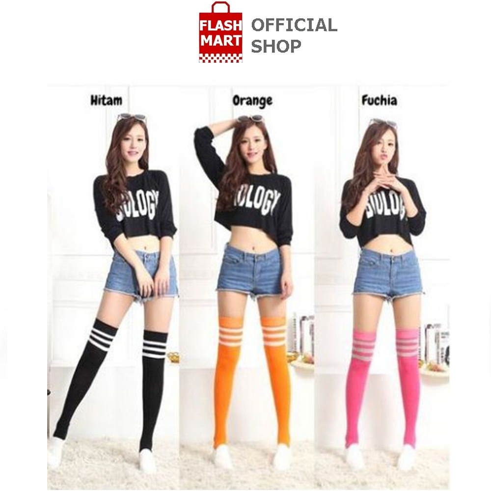 Flashmart Kaos Kaki Sepaha Overknee Polos / Strip Tiga Garis Stocking Japan Korea Cantik dan Imut / Kaos Kaki Panjang Gaya Korea Jepang Harajuku Style Stocking School