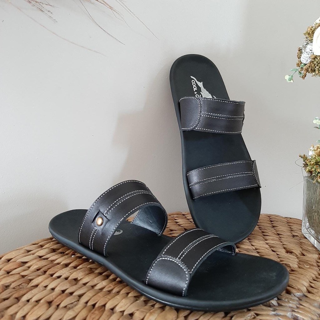 SANDAL PRIA SLIDE KULIT ASLI WARNA HITAM COKLAT TAN