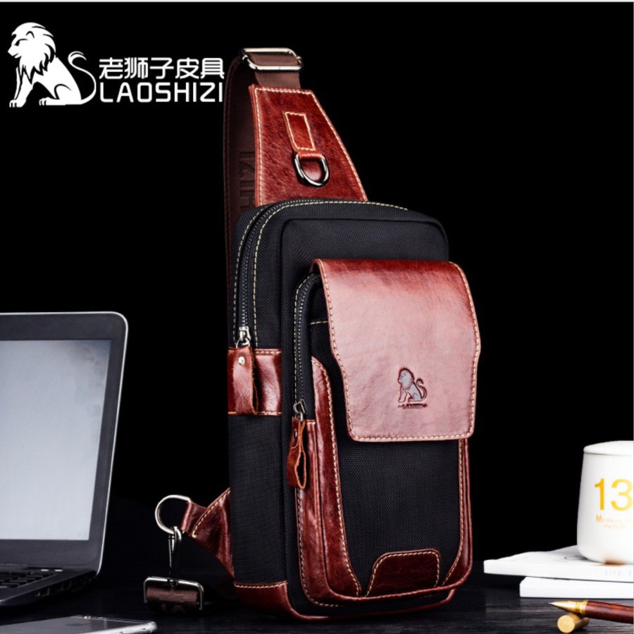T178 LAOSHIZI LUOSEN Tas Selempang Pria Bahan KULIT SAPI ASLI IMPORT-Murah.
