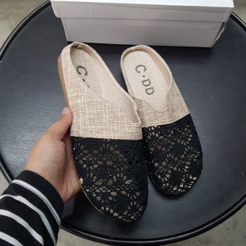 Sepatu sandal kanvas wanita import model slip on sandal mules murah sandal flat