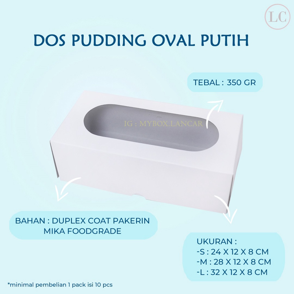 

(10 LEMBAR) 24X12X8 CM DUS PUDDING BROWNIES OVAL PUTIH ,CAKE BOX DUS KUE SNACK ROLLTART WINDOW