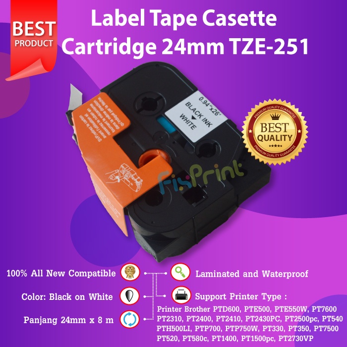 Label Tape TZe-251 24mm Black On White Brother PT-D600 2730 7600 E550W