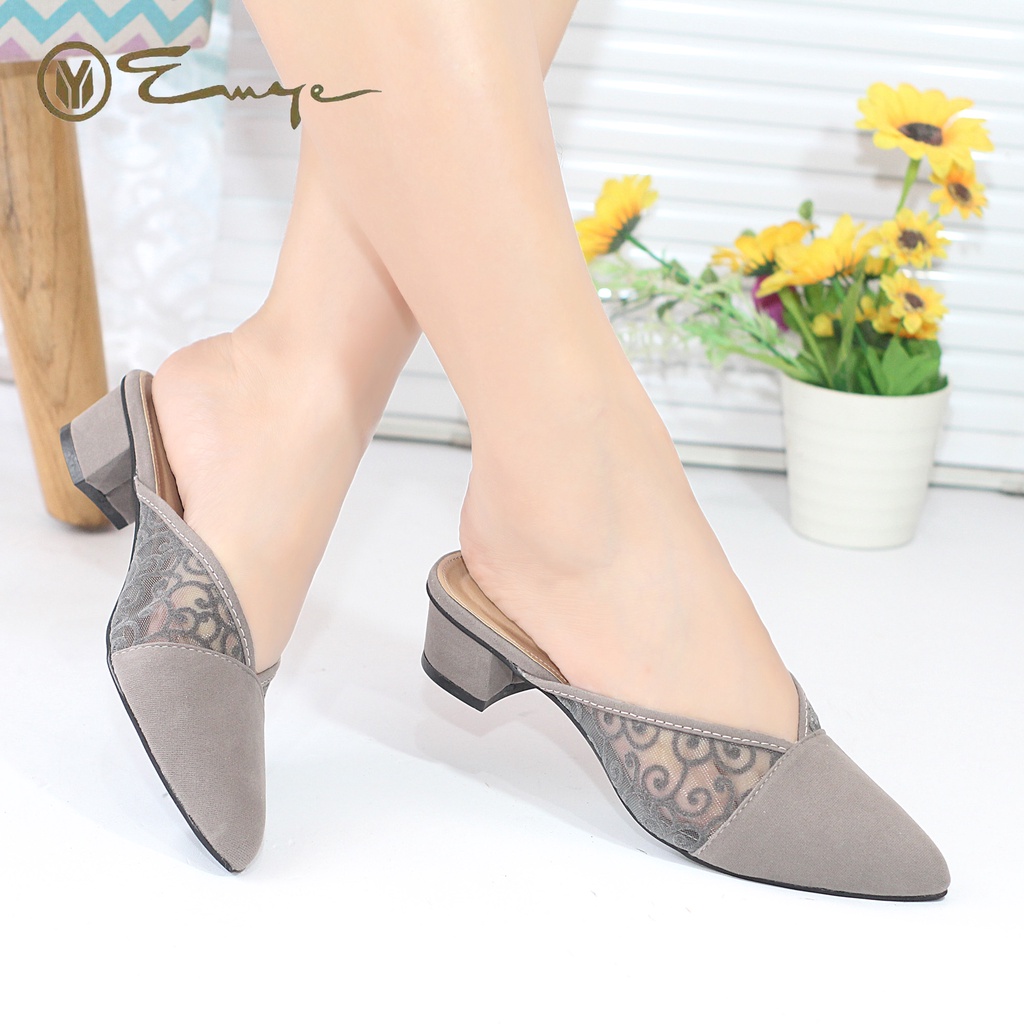 Sandal Hak Tahu EMYE MULES Wanita Brukat Jala 3cm