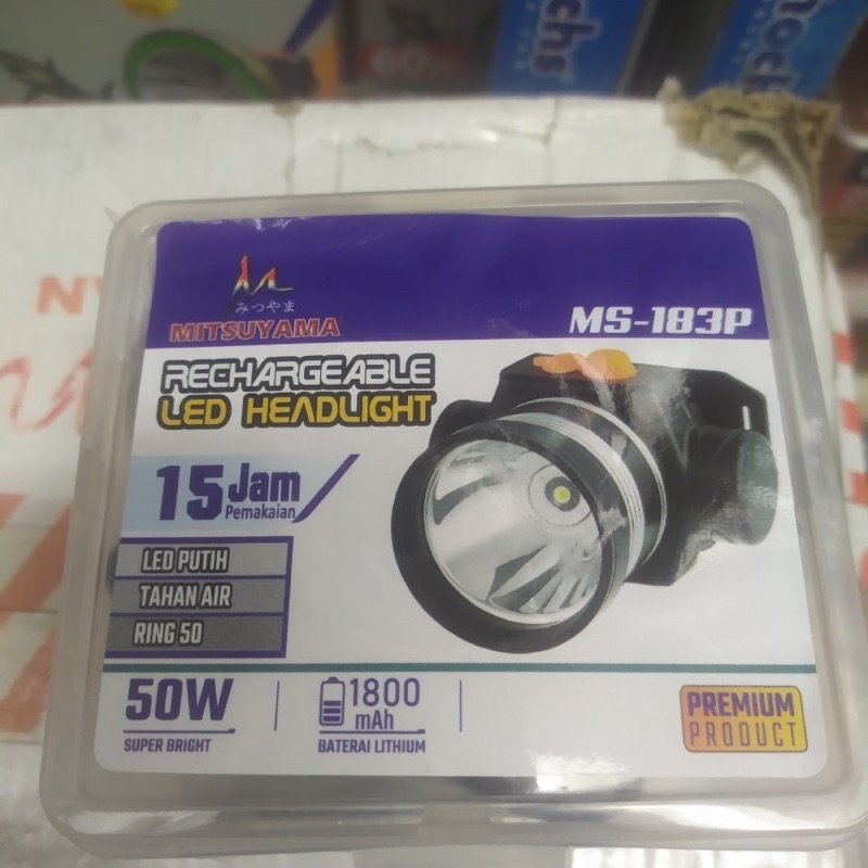 Bisa COD SENTER KEPALA RECHARGEABLE LED HEADLIGHT MITSUYAMA 50 WATT MS-183P CAHAYA PUTIH SUPER TERANG 50W