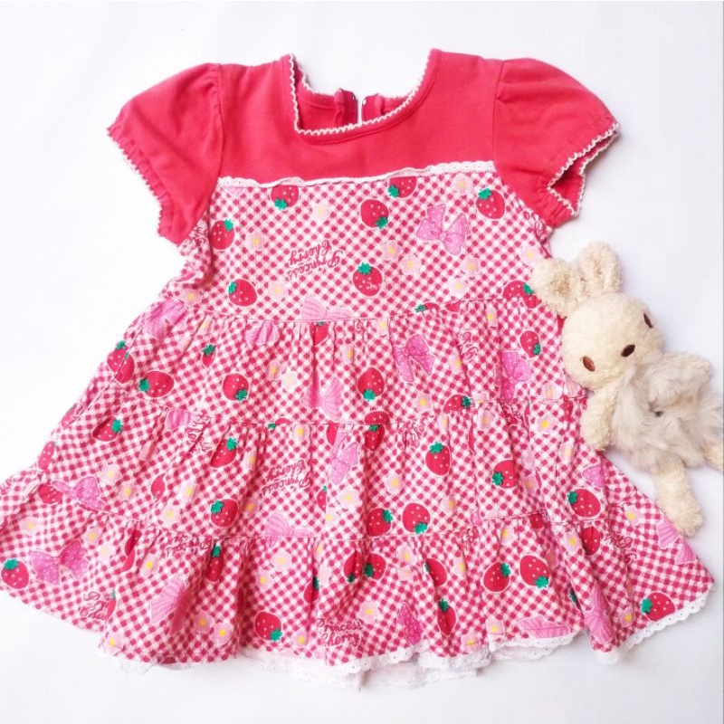 Dress Anak Gaun Bayi 1 Tahun Bahan Kaos Motif Strawberry Preloved COD Bayar Ditempat