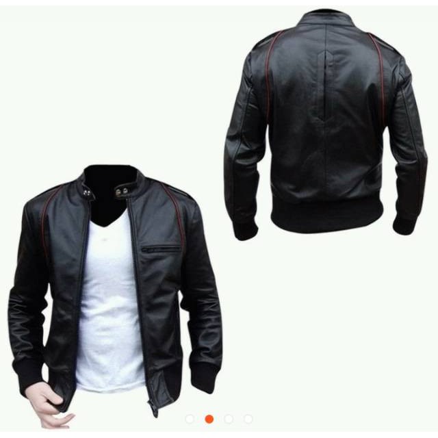 JAKET SEMI KULIT ARIL LIST MERAH.JAKET PRIA,JAKET PRIA TRENDY.JAKET PRIA MURAH