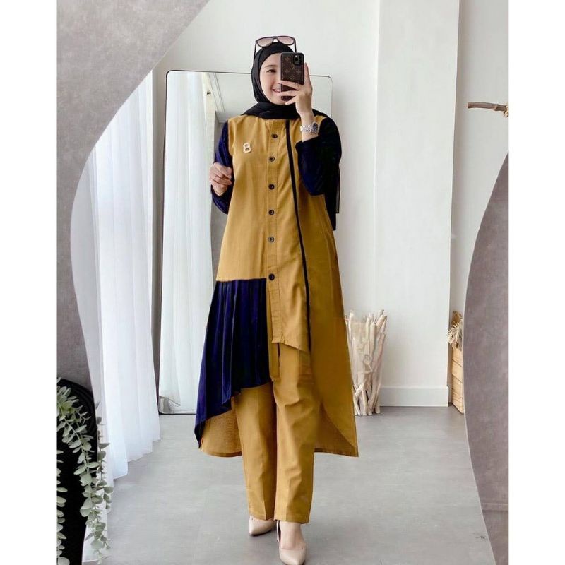 Setelan Tunik dan Celana Keknian 2022 Ld 110 One Set Baju Wanita Kekinian Fashion Muslim Setelan tun