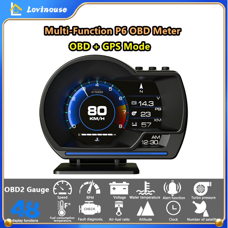 P6 GPS Mobil OBD OBD2 Meter Digital Scanner Alarm Speed Gauge display Hud Water temp RPM turbo boost