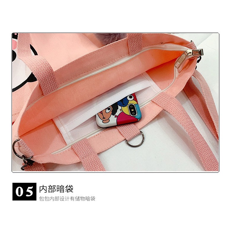 [littlecrab] Tote Bag Panda Imut Lucu Unisex Tas Totebag Resleting Multifungsi Berkualitas Tas Tote Kuliah Sekolah Motif Panda Pom-Pom Lucu Korean Style