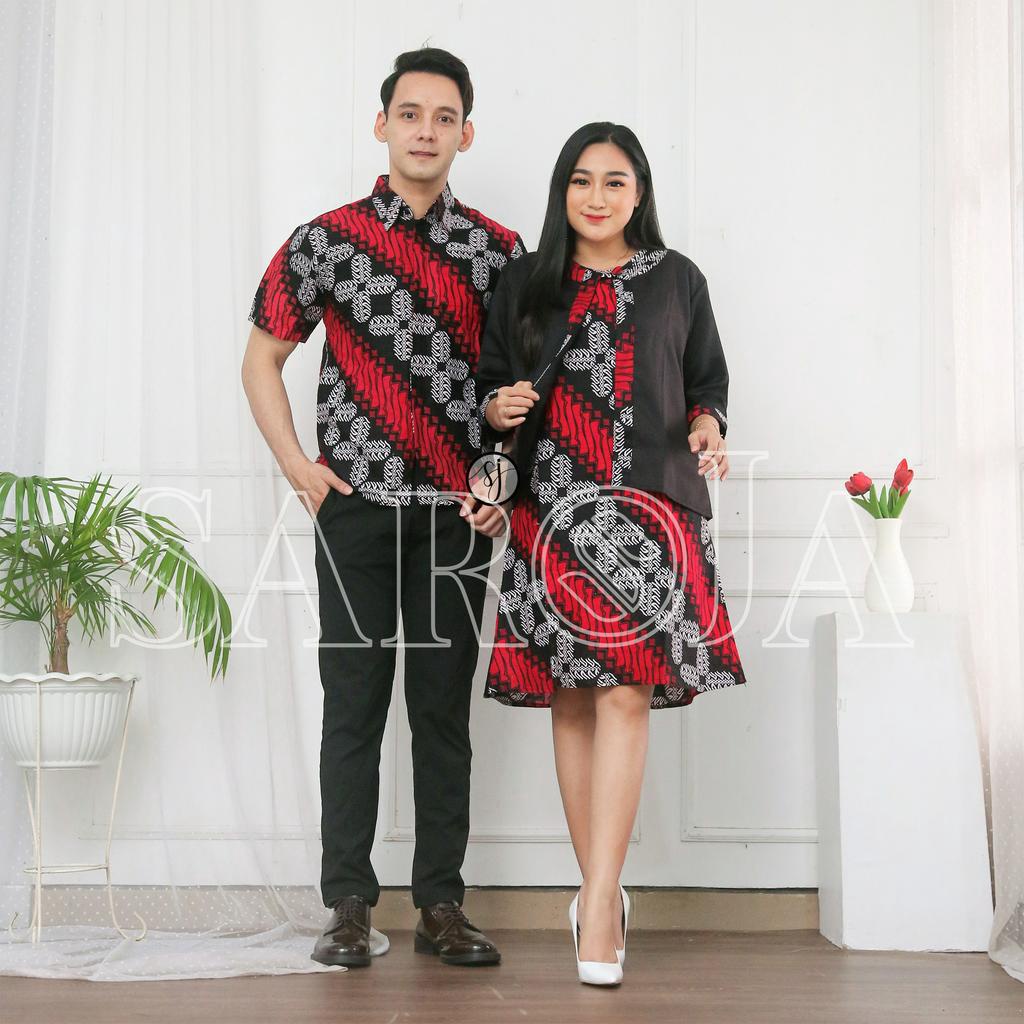 SAROJA | Couple Batik Keluarga Bolero Seno Merah | Dress Wanita Kantor Casual | Couple Natal Keluarga | Couple Natal Pasangan | Dress Natal Jumbo | Baju Natal Couple Keluarga Ayah Ibu Anak