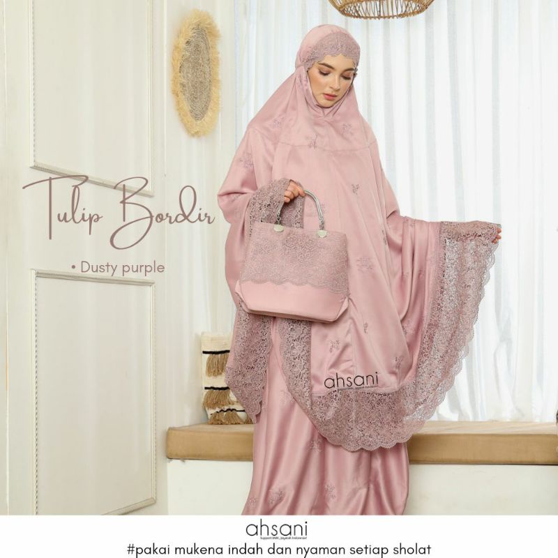 Ahsani Tulip Bordir Mukena Sutra ORI Mukena Dewasa Atas Bawah Renda Cantik