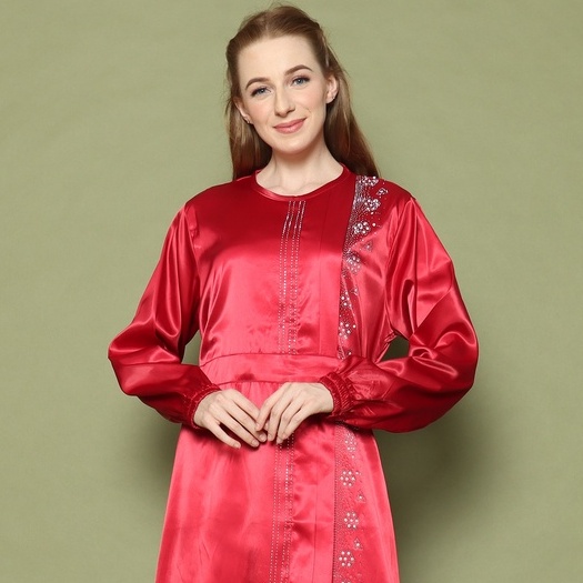 KAFTAN MODIST LEBARAN KONDANGAN SATIN WARNA MERAH MAROON KAFTAN ELEGANT DENGAN PAYET CRYSTAL