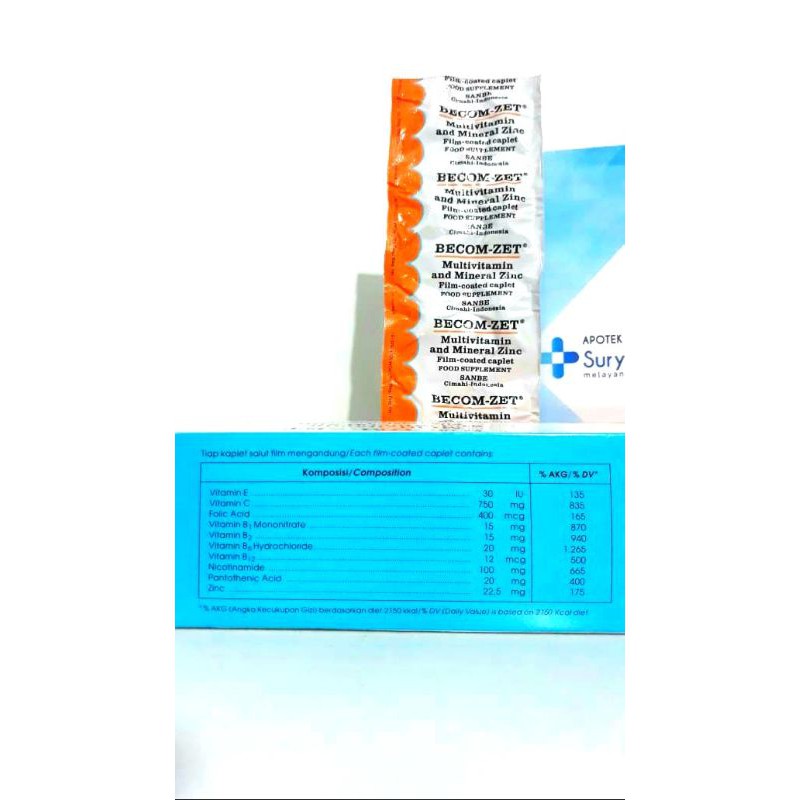 Becom-Zet 1 strip isi 10 kaplet Multivitamin Mineral dan Zinc