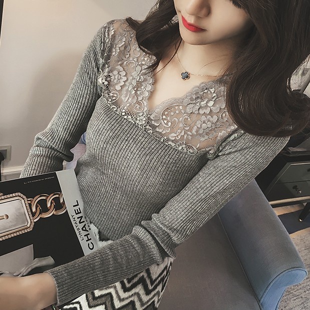 #Sisjuly# Wanita V-Neck Slim Renda Sweater Bottoming Kemeja Warna Solid Pullover Serbaguna Pakaian R