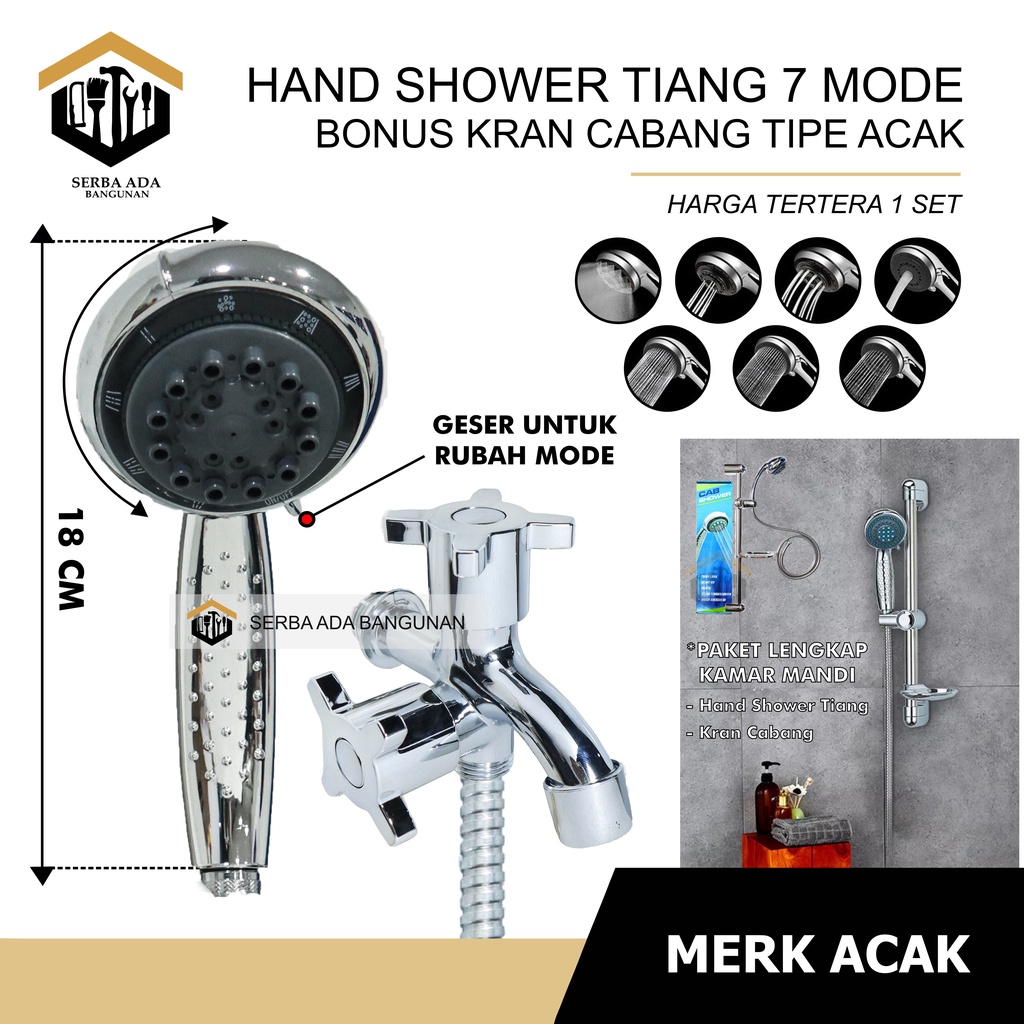 HAND SHOWER TIANG SET + KRAN CABANG PERLENGKAPAN MANDI FULL SET SILVER 6 PCS - STANDING KAMAR MANDI SUPER CAKEP