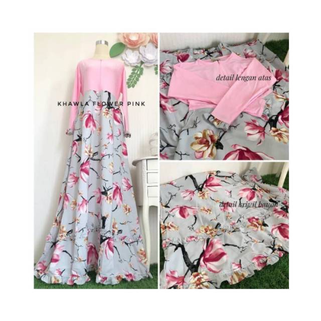 Gamis syari khawla flower pink ori anisa modish