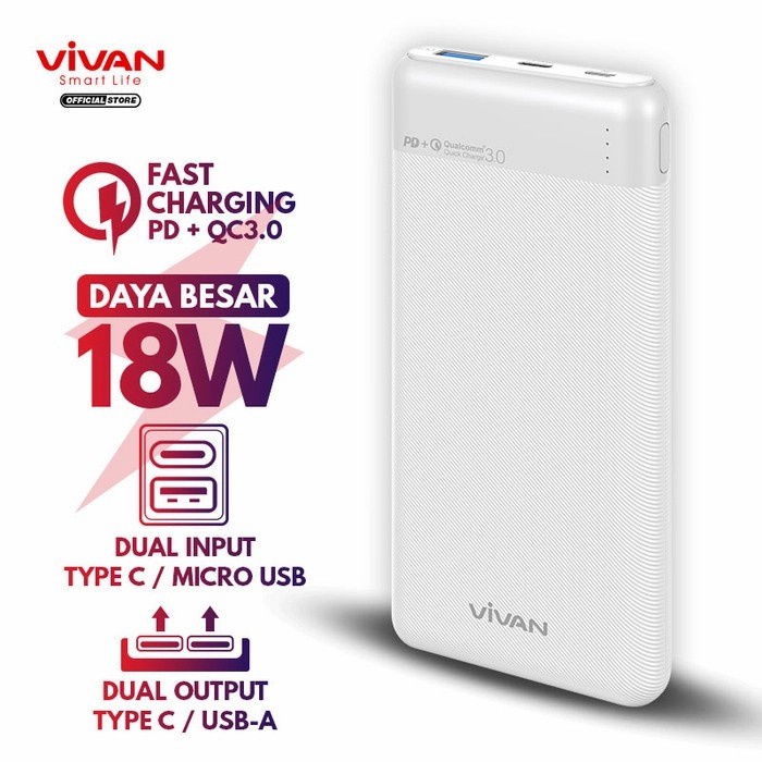 VIVAN POWER BANK 10000mAh 2 INPUT 2 OUTPUT FAST CHARGING QC3.0 M10 - White