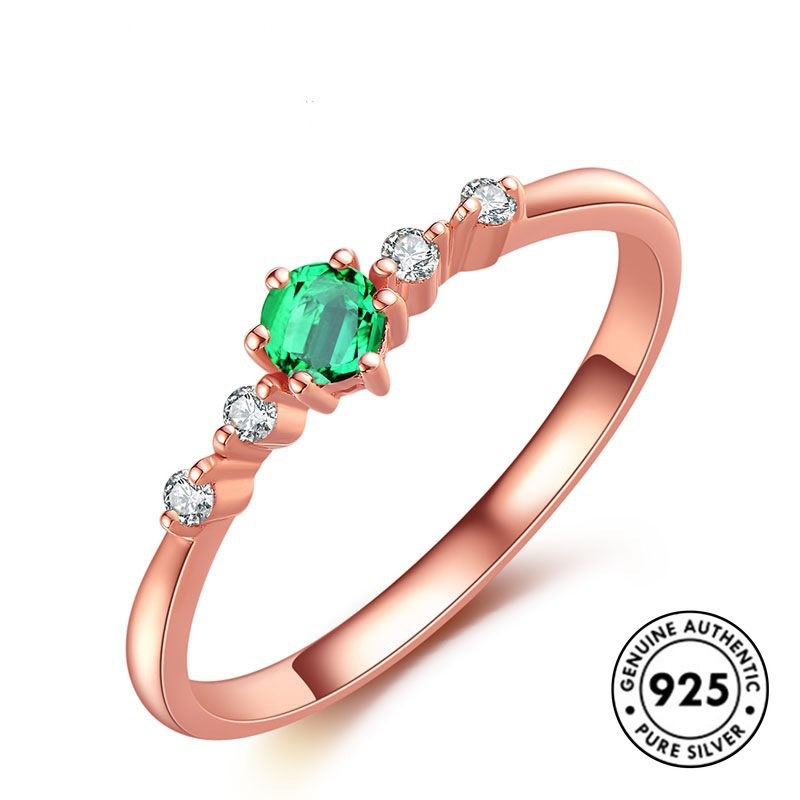 Cincin Sterling Silver 925 Simple Dengan Emerald Warna Rose Gold Untuk Wanita