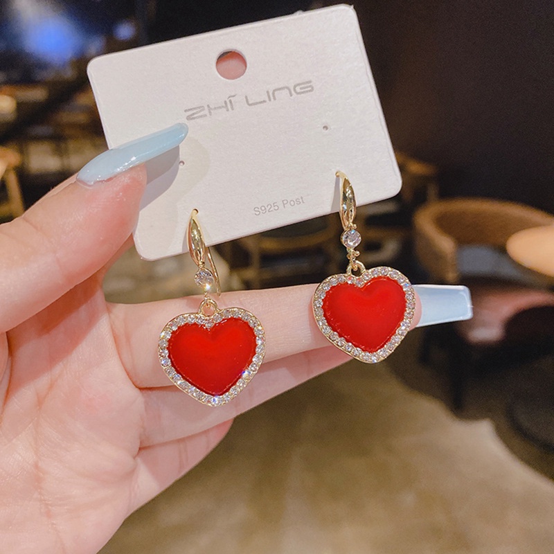 Fancyqube Anting Stud Kristal Mutiara Berlian Imitasi Bentuk Hati Cherry Bunga Merah Untuk Wanita