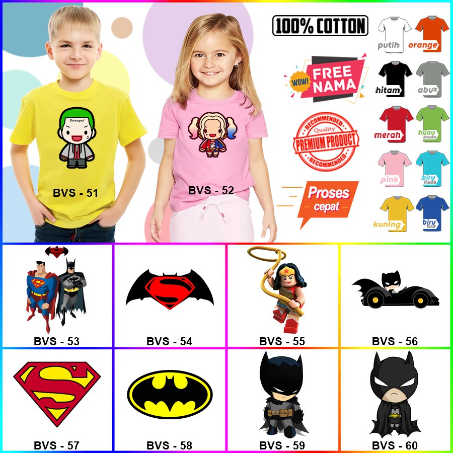 Baju Kaos ANAK DAN DEWASA BATMAN SUPERMAN WONDERWOMAN JOKER HARLEY COUPLE (FREE NAMA)