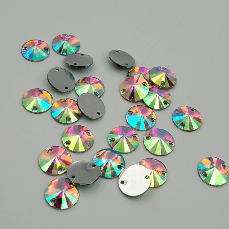 DIAMON RESIN KRISTAL MOTIF BULAT LANCIP UKURAN 14 MM WARNA PUTIH PELANGI AB KUALITAS BAGUS DAN KILAU PER LUSIN
