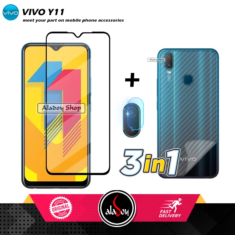 PROMO 3 IN 1 PAKET Tempered Glass Vivo Y11 Free Tempered Glass Camera dan Skin Carbon