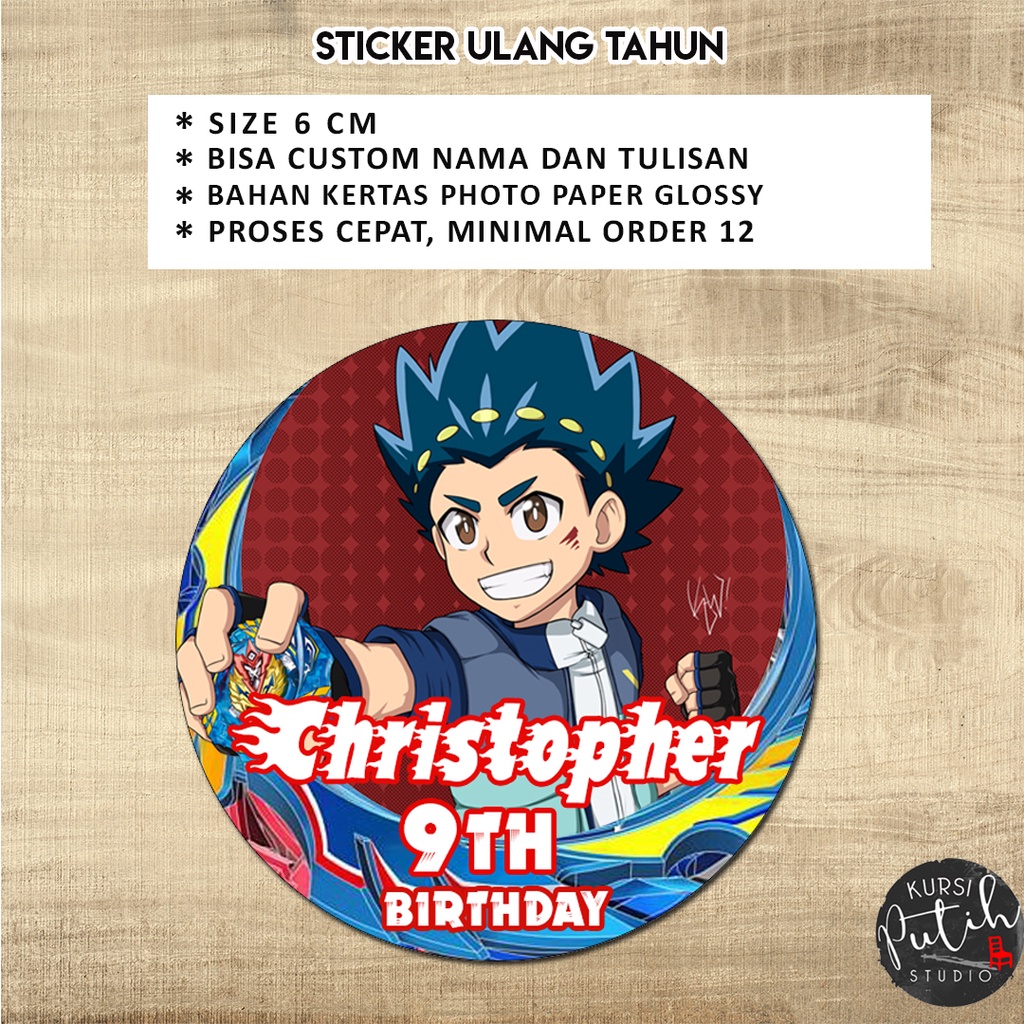 

custom birthday sticker size 6 cm tema beyblade