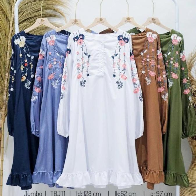 YC229 Tunik Putih Kemeja Bordir Atasan Wanita Jumbo Baju Muslim Ld130