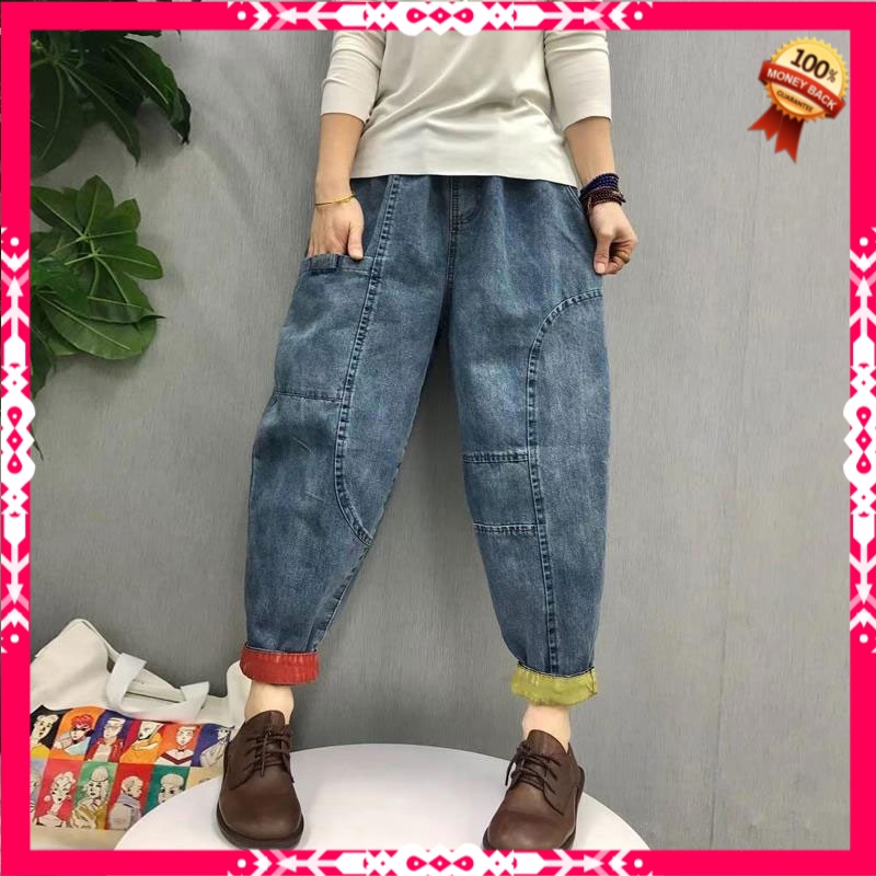 Celana Highwaist Wanita Jeans Spring Arts Style Women Elastic Waist Casual Cotton Denim Harem Pants 