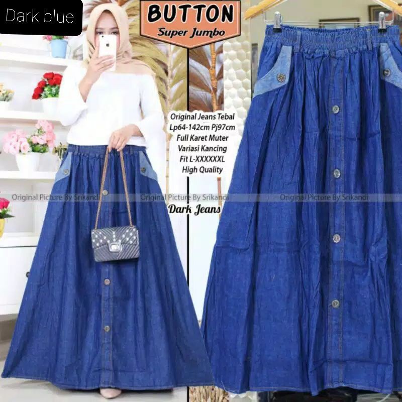 Rok Jeans Wanita Jumbo Extra Karet Muter || Rok Jeans Wanita Jumbo Extra Kancing Tidak Luntur