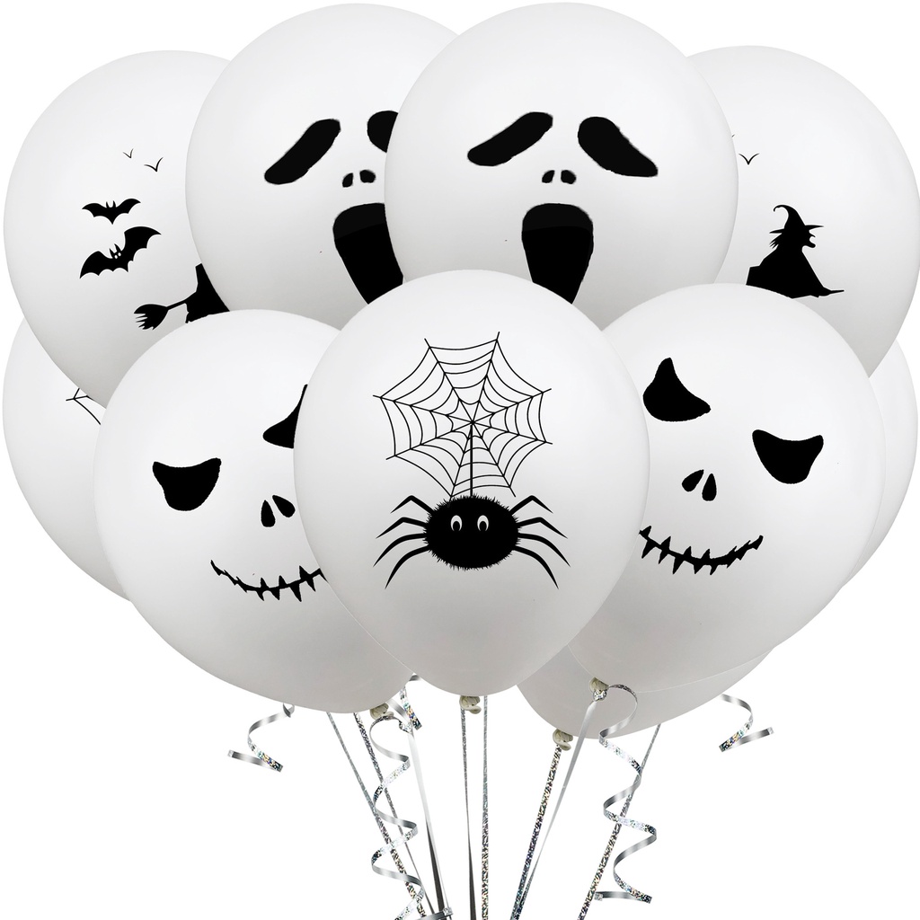 10pcs / Pak Balon Latex Motif Print Tengkorak / Kelelawar / Laba-Laba / Senyum Ukuran 12 &quot;Untuk Dekorasi Pesta Halloween