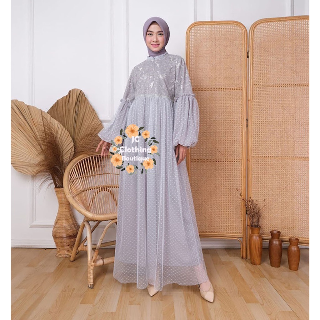 gamis remaja kekinian 2022 model gamis terbaru lengan balon tile dot jumbo mutiara busui sleting depan