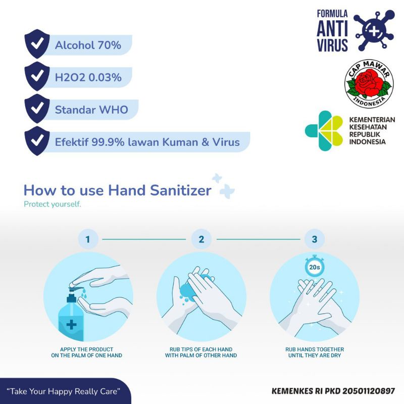 HAND SANITIZER CAIR 1 LITER IZIN KEMENKES RI HAPPY CARE / HAND SANITIZER LIQUID / HAND SANITIZER
