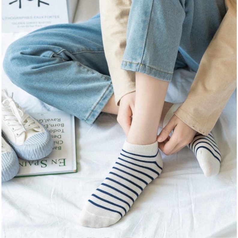 [ COD ] Kaos Kaki Wanita Pria Unisex Motif Garis Kotak Simple Polos Biru Dongker / Kaoskaki Wanita Pendek Semata Kaki / Kaos Kaki Korea Style-Garis Biru