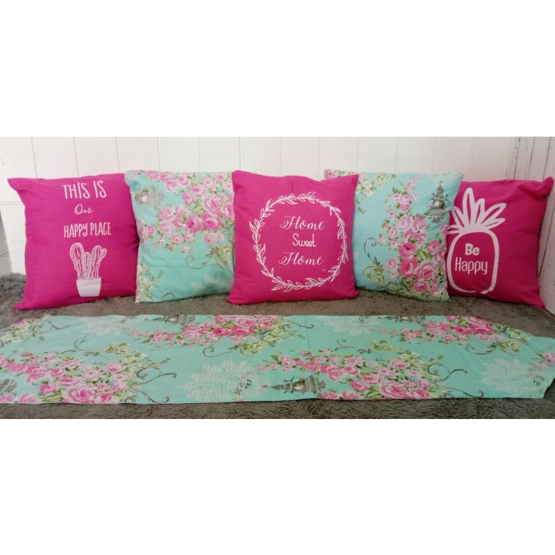 sarung bantal sofa pink fanta karakter mix motif bunga toska