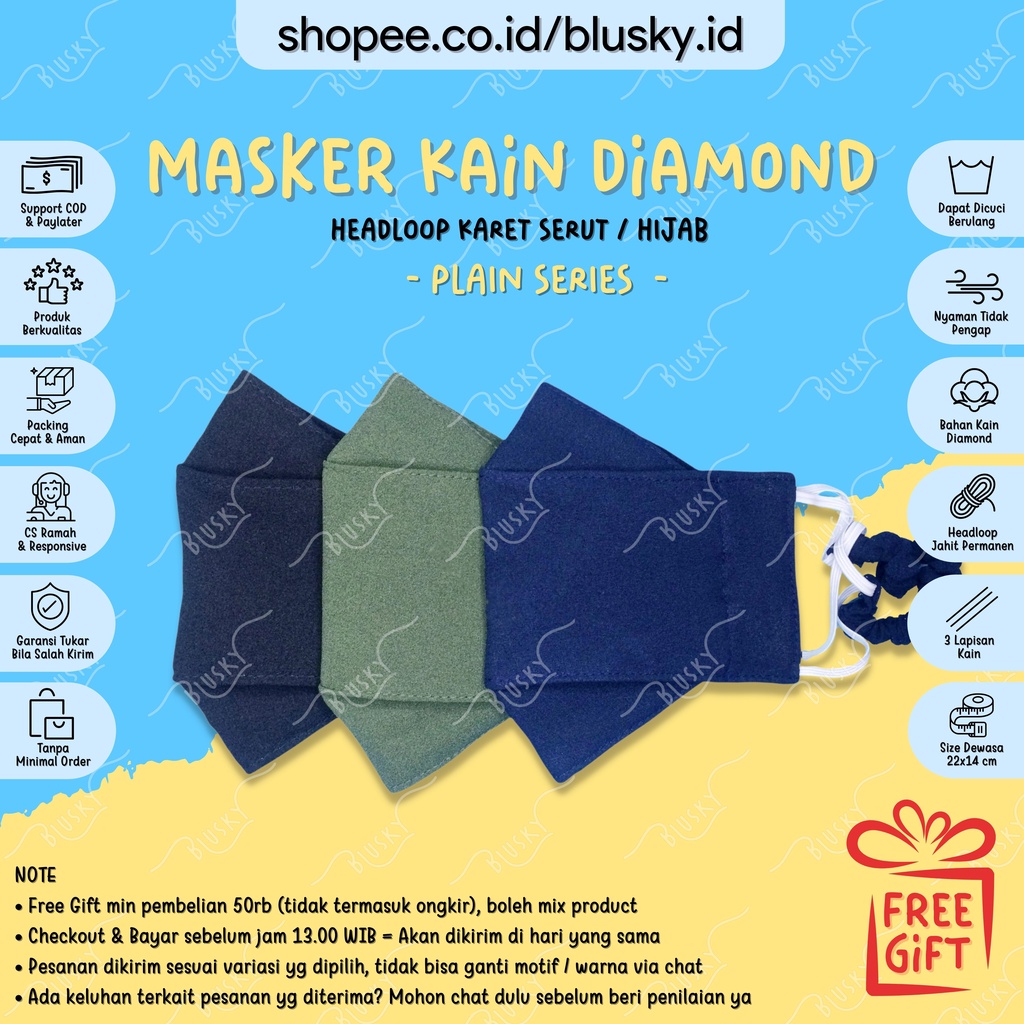 Masker Kain Diamond Headloop Tali Serut Hijab 3D 3PLY