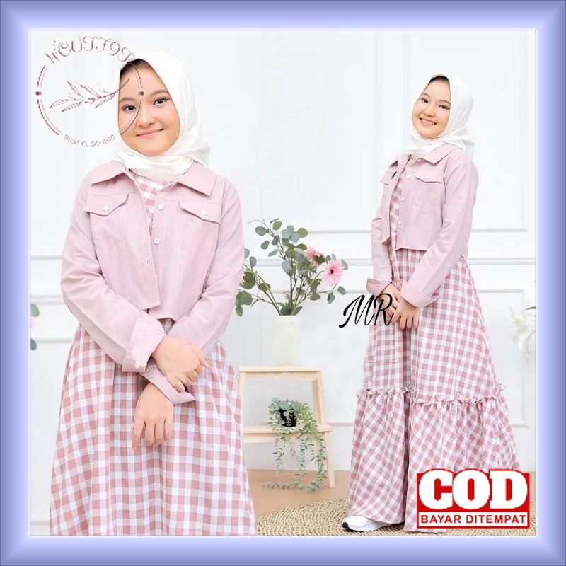 Set Dress Anak Plus Cardigan Terbaru Motif Kotak JANICE Baju Gamis Anak Perempuan Umur 7 8 9 Tahun T