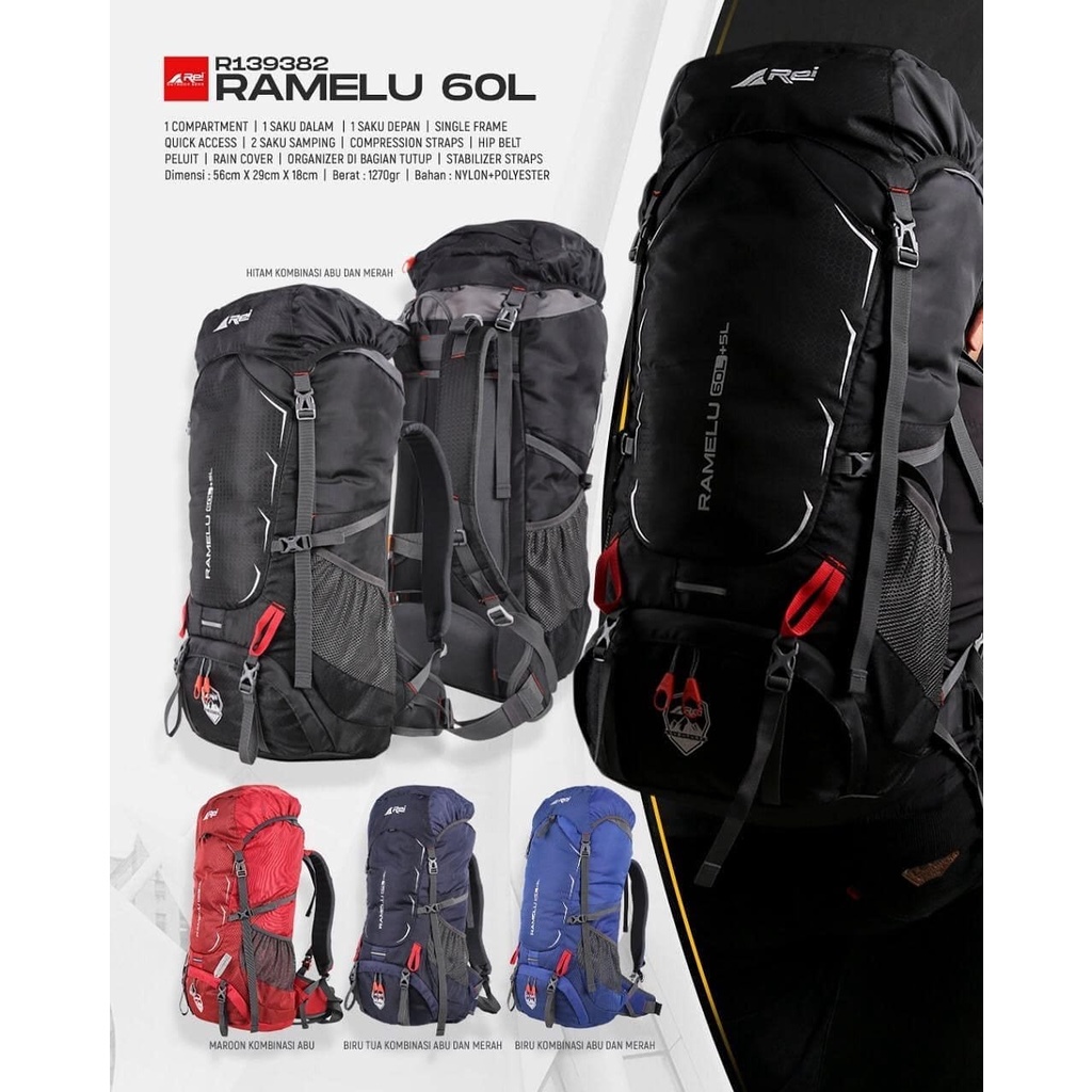 TAS GUNUNG CARRIER REI RAMELU 60+5L AREI OUTDOORGEAR INCLUDE COVER BAG - ORIGINAL