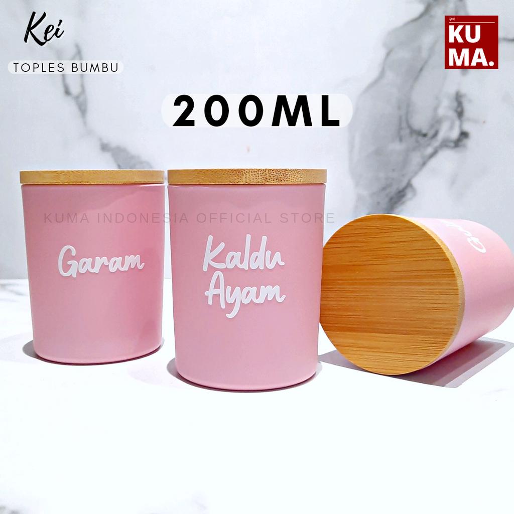 KUMA Kei Toples Bumbu Dapur Kaca 200ml Tutup Kayu Bambu Pink White Aesthetic Bahan Keramik Kaca Bamboo