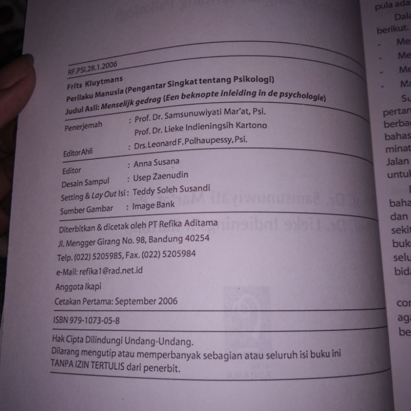 Perilaku Manusia Pengantar Singkat Tentang Psikologi - Samsunuwiyati Marat Lieke Indieningsih Kartono Leonard Polhaupessy - Refika Aditama - Original