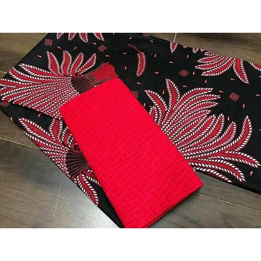 Kain Batik Print Pekalongan Motif Bunga Padi Set Embos Warna Merah