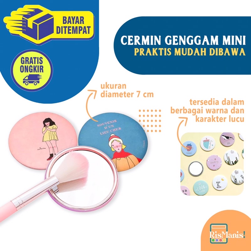 CUTE MINI HAND MIRROR - Cermin Bulat Kecil Mungil Kaca Rias Aneka Warna Cantik Karakter Kartun Lucu