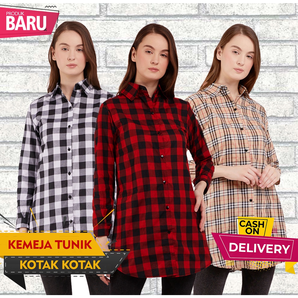 Baju Kemeja Tunik Flanel Kotak Kotak Square Jumbo Wanita Kekinian warna Hitam Putih Merah